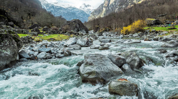 turquoise blue emerald green crystal clear water of the maggia in the maggia valley ticino switzerland with waterfall