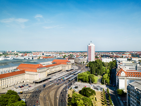 Aerial view from a drone over Leipzig Main Station and the City Center of Leipzig, Germany.