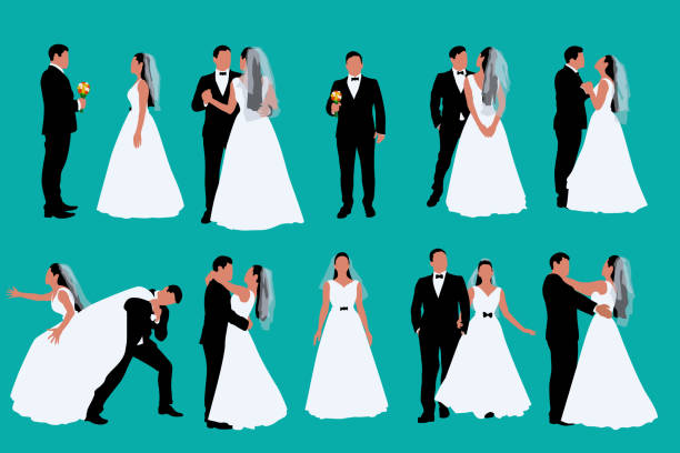 two color set groom and bride illustration of two colored bride and groom in set of different poses on blue background wedding silhouettes stock illustrations