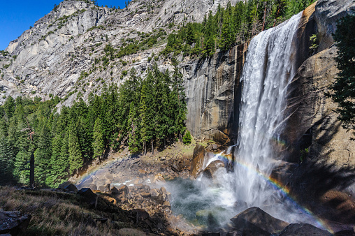 Rainbow in front of Vernal Falls, Yosemite National Park, USA, in early spring. b