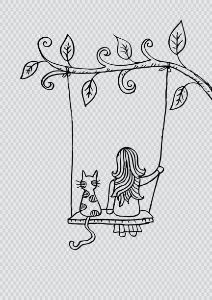 Cartoon Girl And Cat Swinging On Branch Stock Illustration - Download Image  Now - Girls, Swing - Play Equipment, Using A Swing - iStock