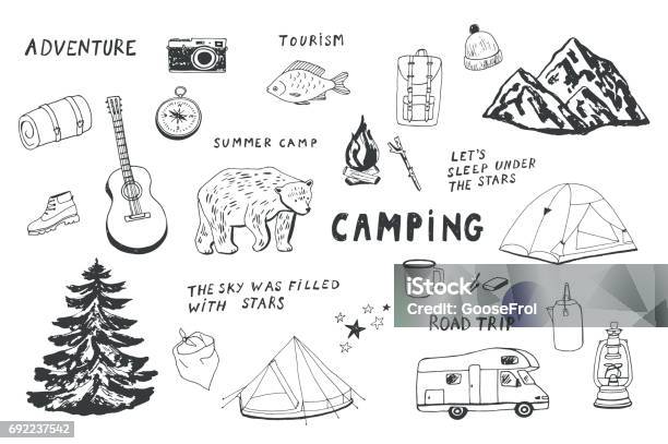 キャンプのオブジェクトを設定します - キャンプするのベクターアート素材や画像を多数ご用意 - キャンプする, いたずら書き, イラストレーション