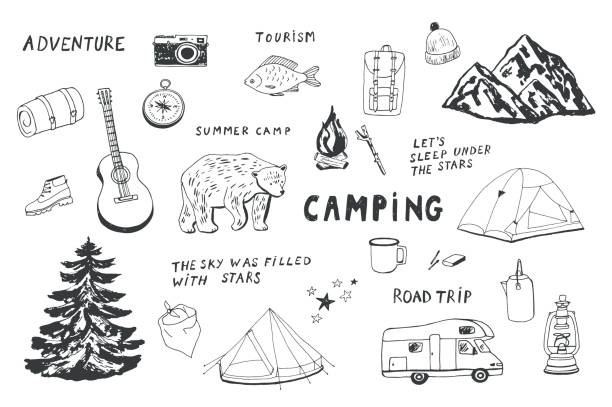camping objects set. camping objects hand drawn vector doodle set. camping drawings stock illustrations