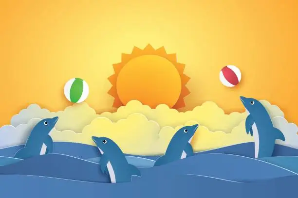 Vector illustration of Summer time , Dolphins playing with ball