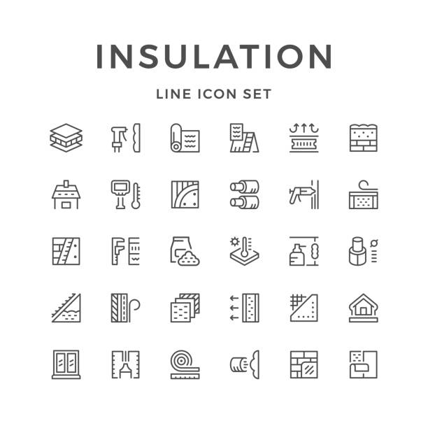 illustrations, cliparts, dessins animés et icônes de la ligne réglée icônes d’isolation - insulation roof attic home improvement