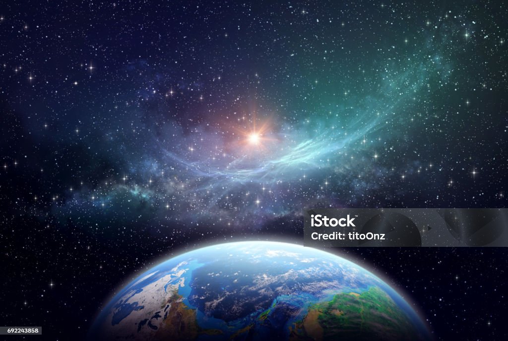 Exoplanet in deep space Extrasolar planet, star cluster and nebula in outer space Outer Space Stock Photo
