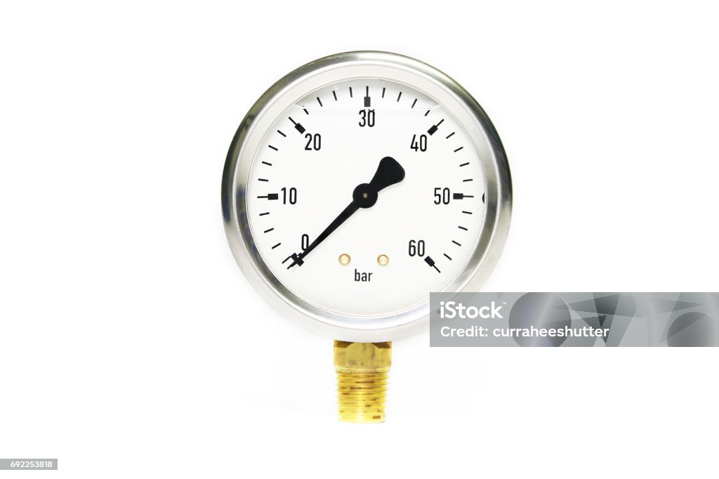Pressure gauge using measure the pressure in production process. Worker or Operator monitoring oil and gas process by the gauge for routine record and analysis oil and gas production process. Barometer Stock Photo