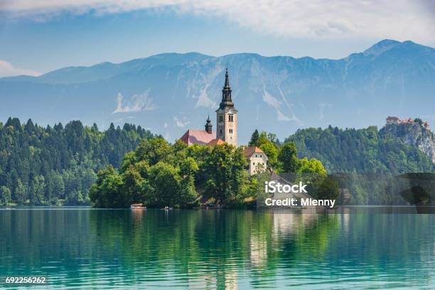 Lake Bled Santa Maria Church Slovenia Stock Photo - Download Image Now - Slovenia, Lake Bled, Bled - Slovenia