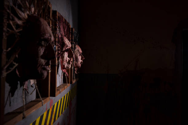 istock Side view of bloody skins from human heads in frames 692260260