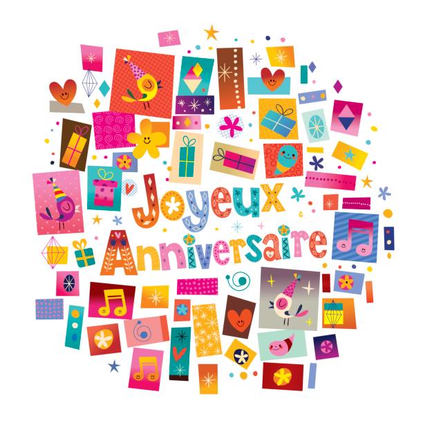 Happy Birthday Happy Birthday in English Joyeux Anniversaire Happy Birthday in French greeting card anniversaire stock illustrations