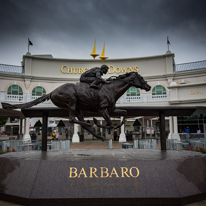 Louisville, United States: May 4, 2017: Barbaro Statue at Gate 1 on an overcast day