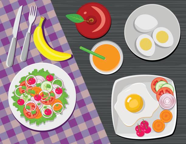 ilustraciones, imágenes clip art, dibujos animados e iconos de stock de desayuno de salud - salad breakfast cooked eggs