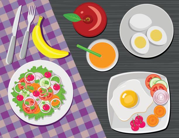 Health Breakfast Health Breakfast in this file flat color and gradiation color used,clipping mask yes, all elements separate grouped and separate layered and easy to edit for similar images visit portfolio omelette on the plate stock illustrations