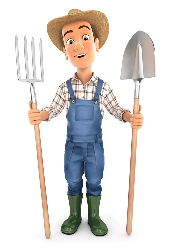 3d farmer with shovel and fork, illustration with isolated white background