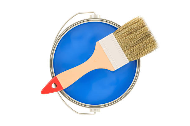 istock Can with blue paint and brush, top view. 3D rendering isolated on white background 692279358