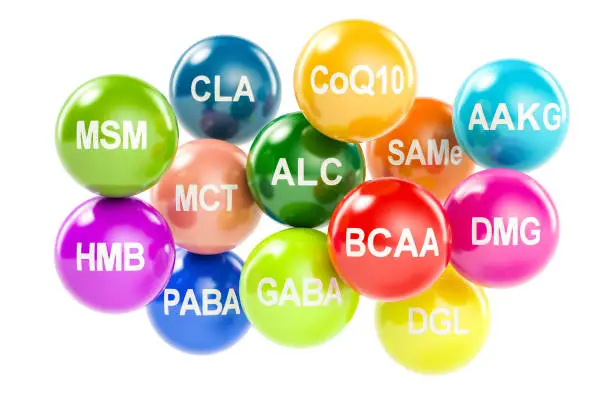 Photo of Set of amino acids. AAKG, ALC, BCAA, CLA, CoQ10, GABA, DGL, HMB, MCT, MSM, SAMe, DMG, PABA, 3D rendering isolated on white background