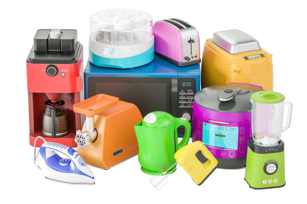 istock Set of colored kitchen home appliances. Toaster, kettle, mixer, blender, 