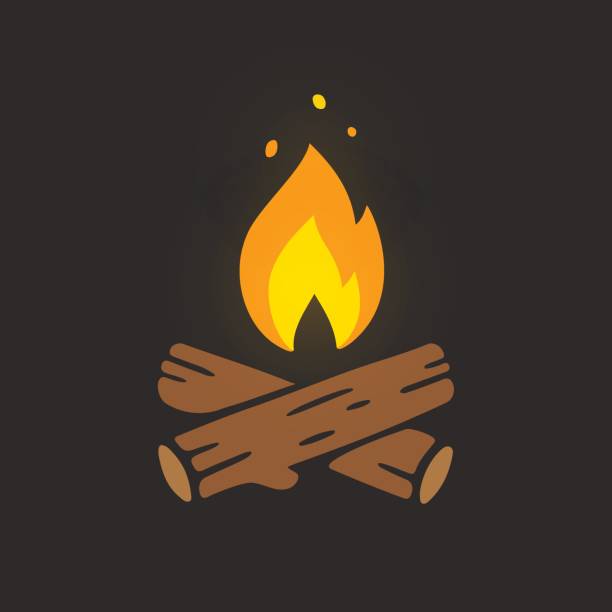 Campfire logo illustration Campfire logo vector illustration on dark background. Crossed logs of wood and fire flame. Bonfire stock illustrations