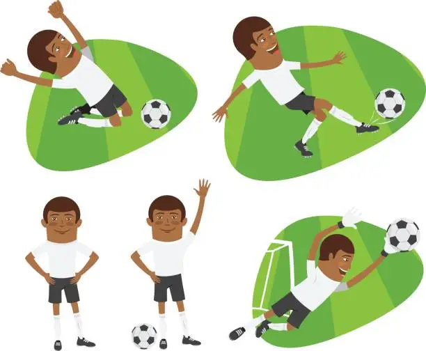 Vector illustration of Set Funny football soccer players team playing on grass field