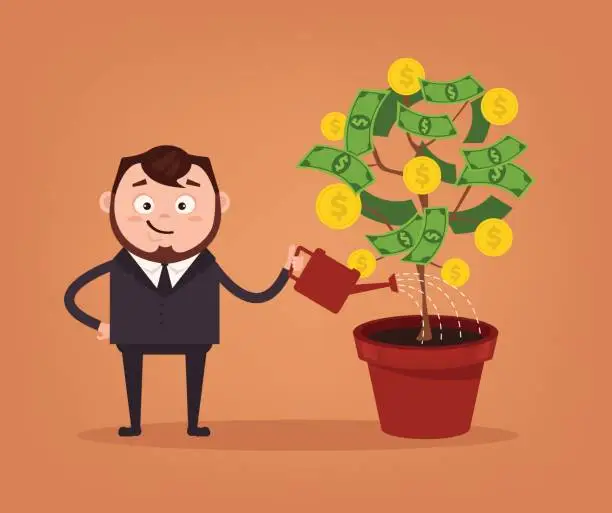 Vector illustration of Happy smiling businessman office worker character mascot watering big money tree. Successful business