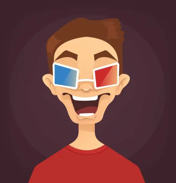 Vector illustration of Excited happy smiling man boy teen character watching movie in cinema