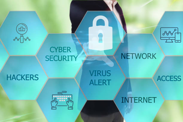 istock Shield with keyhole security business concept teamwork icon virtual hexagon screen. Safety internet technology. 692301394