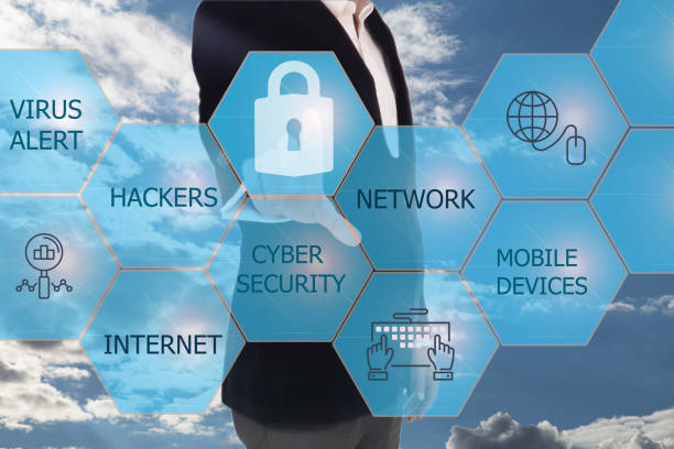 istock Shield with keyhole security business concept teamwork icon virtual hexagon screen. Safety internet technology. 692301396