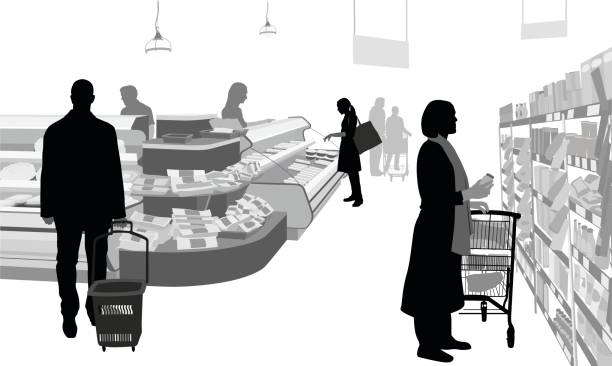 Deli Shopping Time A vector silhouette illustration of a grocery store deli with people browsing a shelf and the deli cooler.  A woman selects an item from a shelf, another people points to an item in the cooler while a man approches with a cart. supermarket aisles vector stock illustrations