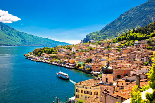 Limone sul Garda waterfront view, Lombardy region of Italy Limone sul Garda waterfront view, Lombardy region of Italy lombardy stock pictures, royalty-free photos & images