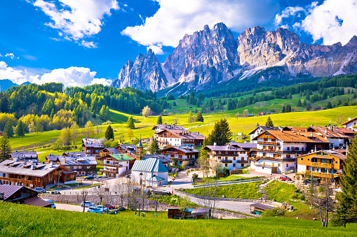 Alps landscape in Cortina D' Ampezzo, idyllic mountain peaks of Dolomites, Trentino Alto Adige region of Italy
