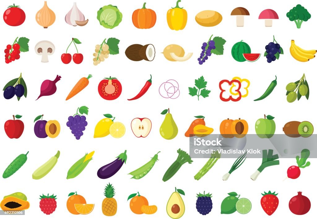 Vector fruits and vegetables icons Vector vegetables and fruits icons set for groceries, agriculture stores, packaging and advertising Vegetable stock vector