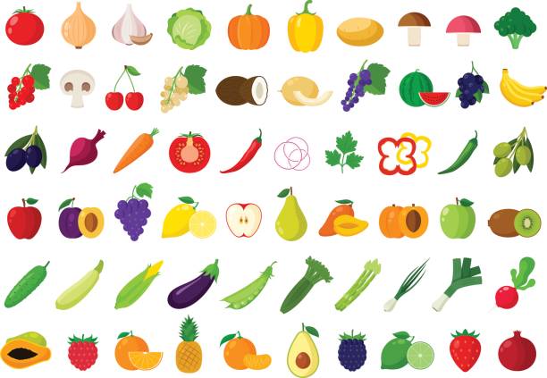 Vector fruits and vegetables icons Vector vegetables and fruits icons set for groceries, agriculture stores, packaging and advertising olive fruit stock illustrations