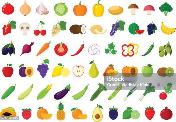 Vector Fruits And Vegetables Icons Stock Illustration - Download Image Now - Vegetable, Fruit, Vector