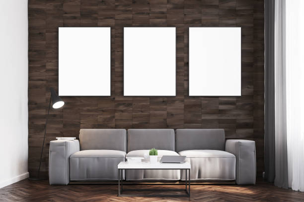 istock Dark wood walls living room, front 692310520