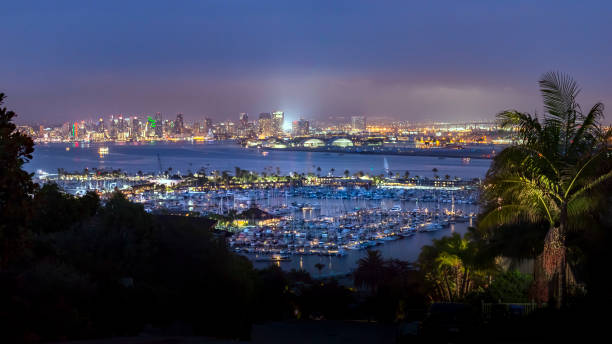 porto di san diego e vista panoramica del centro - night downtown district north america san diego california foto e immagini stock