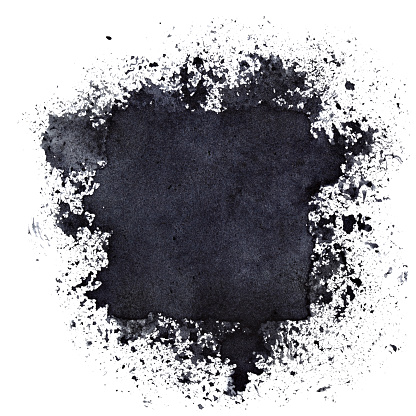 Black ink square with splashes. Space for your own text. Raster illustration