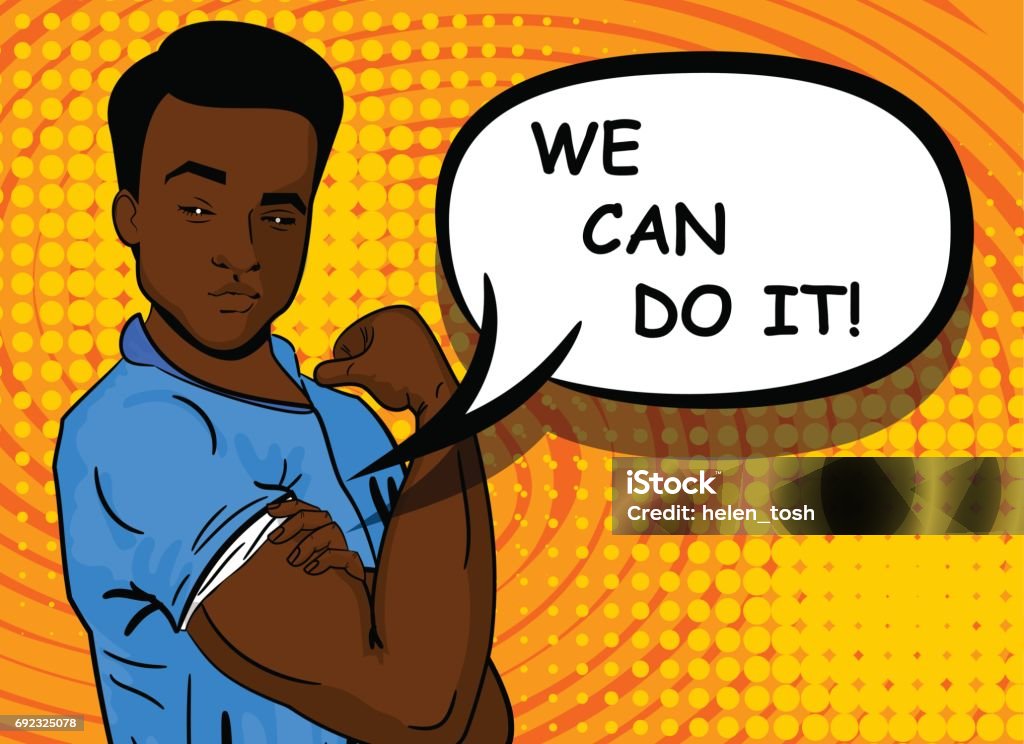 Black african-american man WE CAN DO IT Black african-american strong pop art man, boy. Advertise WE CAN DO IT power. Vector illustration halftone background. Cartoon comic book speech text bubble. Bright colored pin up worker gesture. Men stock vector