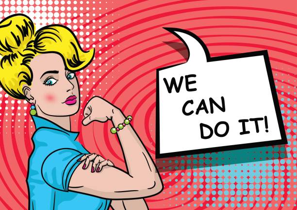 White blonde woman WE CAN DO IT White blonde beautiful pop art woman. Advertise WE CAN DO IT girl power. Vector illustration halftone background. Cartoon comic book speech text bubble. Bright colored pin up worker female. girl power stock illustrations
