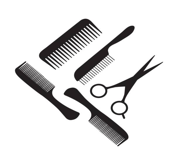 A hair scissors and four combs vector art illustration