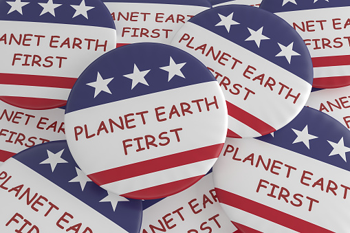 USA Environment Protection Badges: Pile of Planet Earth First Buttons With US Flag, 3d illustration