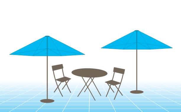 Outdoor table, chairs and umbrellas vector art illustration
