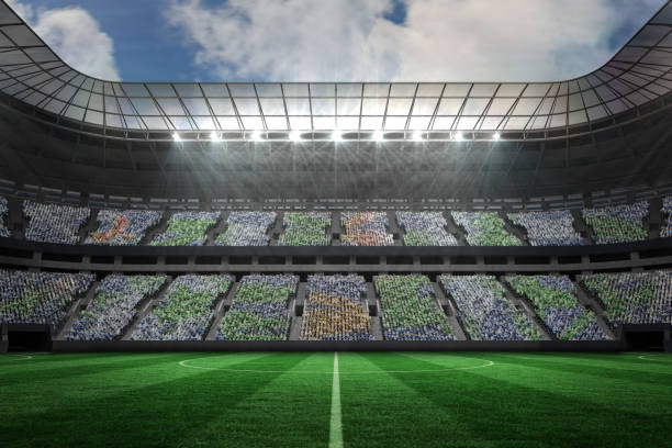 istock Large football stadium with lights 692354468