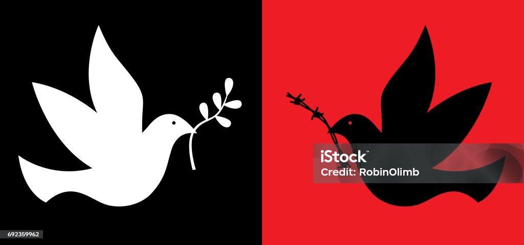 Peace And War Doves Vector illustration of two doves. One white dove carrying an olive be=ranch. One black dove carrying a piece of barbed wire. Symbols Of Peace stock vector