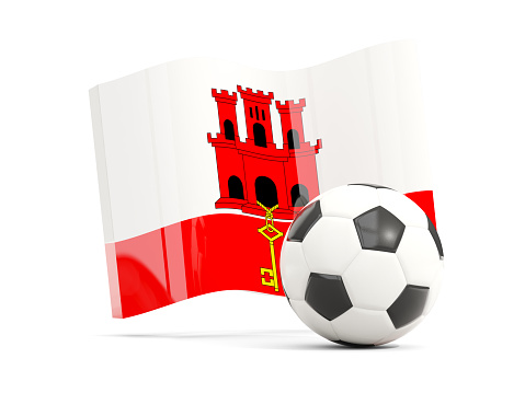 Football with waving flag of gibraltar isolated on white. 3D illustration