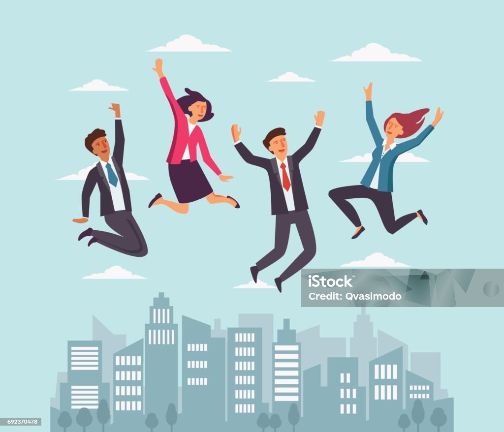 Business people jumping over the city and celebrating victory Outdoors stock vector