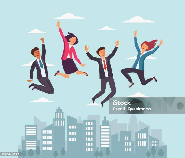 Business People Jumping Over The City And Celebrating Victory Stock Illustration - Download Image Now