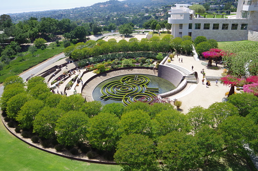 Los Angeles, United States – May 2, 2017: J. Paul Getty Museum Central Garden created by artist Robert Irwin as viewed from above in Los Angeles California.