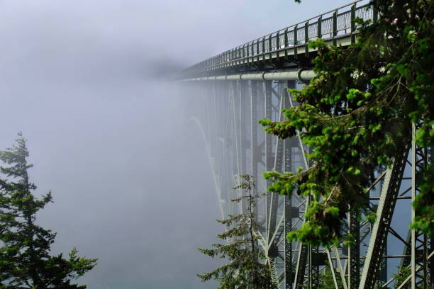 istock Deception Pass Bridge in fog. Arch bridge. 692384600