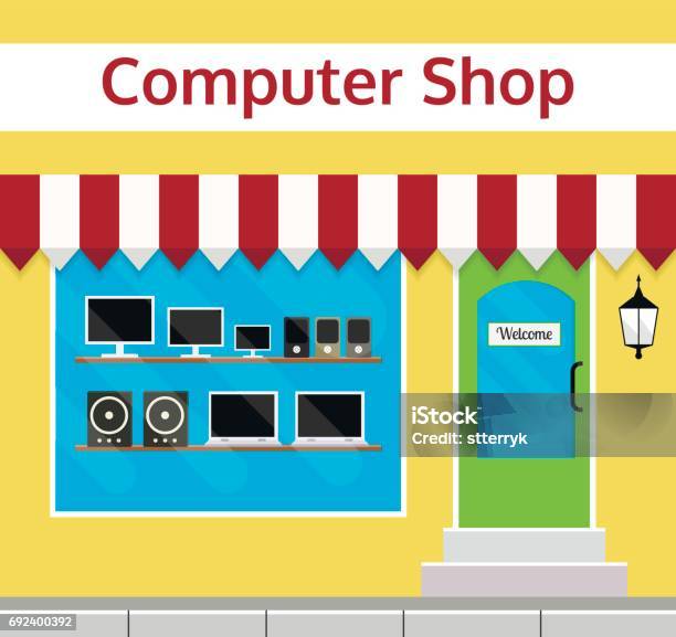 Computer Shop Front Or Facade In Flat Style Vector Illustration Of ...