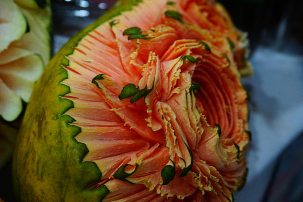 istock Thai fruit carving, watermelon carving to flower 692407012
